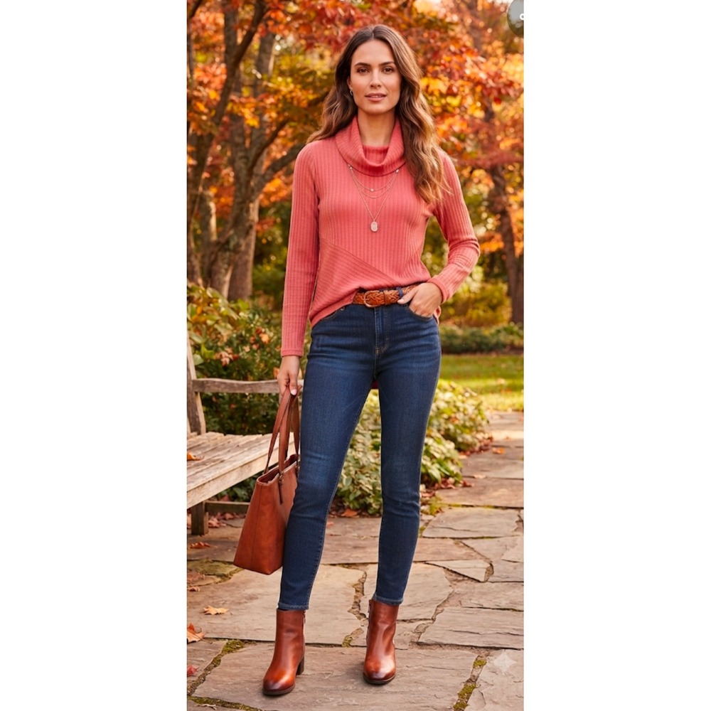 Soft Surroundings Coral Pink Ribbed Cowl Neck Tunic Sweater XS